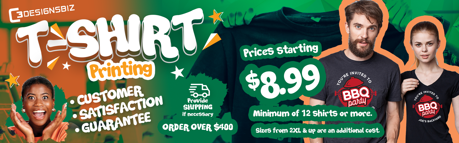 Custom T-Shirt Printing: Minimum of 12 shirts or more. Prices Starting $8.99 Custom T-Shirt Printing